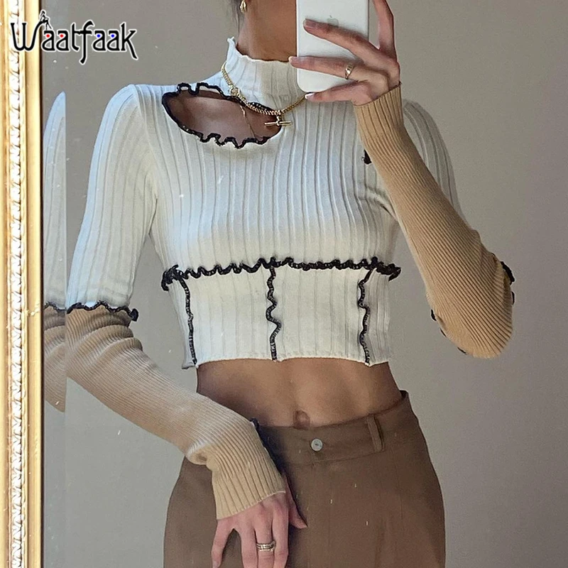 

Уличная одежда Waatfaak с вырезами, белый укороченный топ в стиле Харадзюку, женская футболка с высоким воротником, базовая Повседневная Милая ...