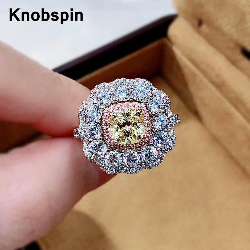 

Knobspin 100% 925 Sterling Sparkling Silver 18K Plated 2ct Redian Yellow Diamond Ring For Women Engagement Party Fine Jewelry