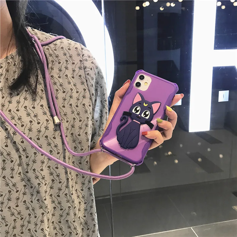 Чехол Luna Cat для iPhone 12 11 Pro Xs Max 6 7 8Plus SE 2020 мягкий чехол телефона из ТПУ с ремешком |