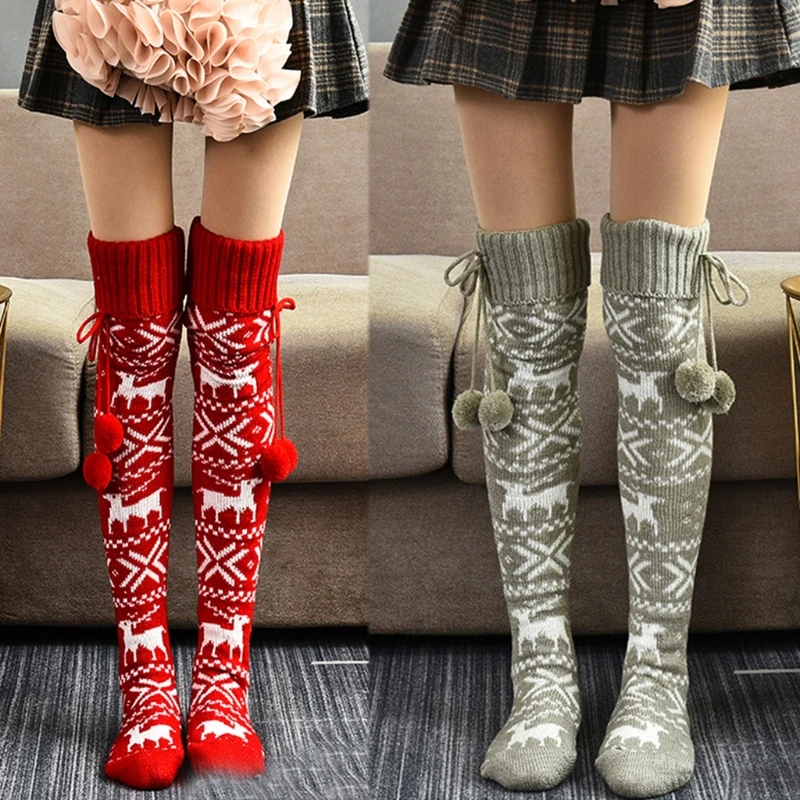 

Women Winter Knit Extra Long Boot Socks with Bow Plush Ball Christmas Elk Snowflake Cozy Warm Over Knee Thigh High Stockings Leg