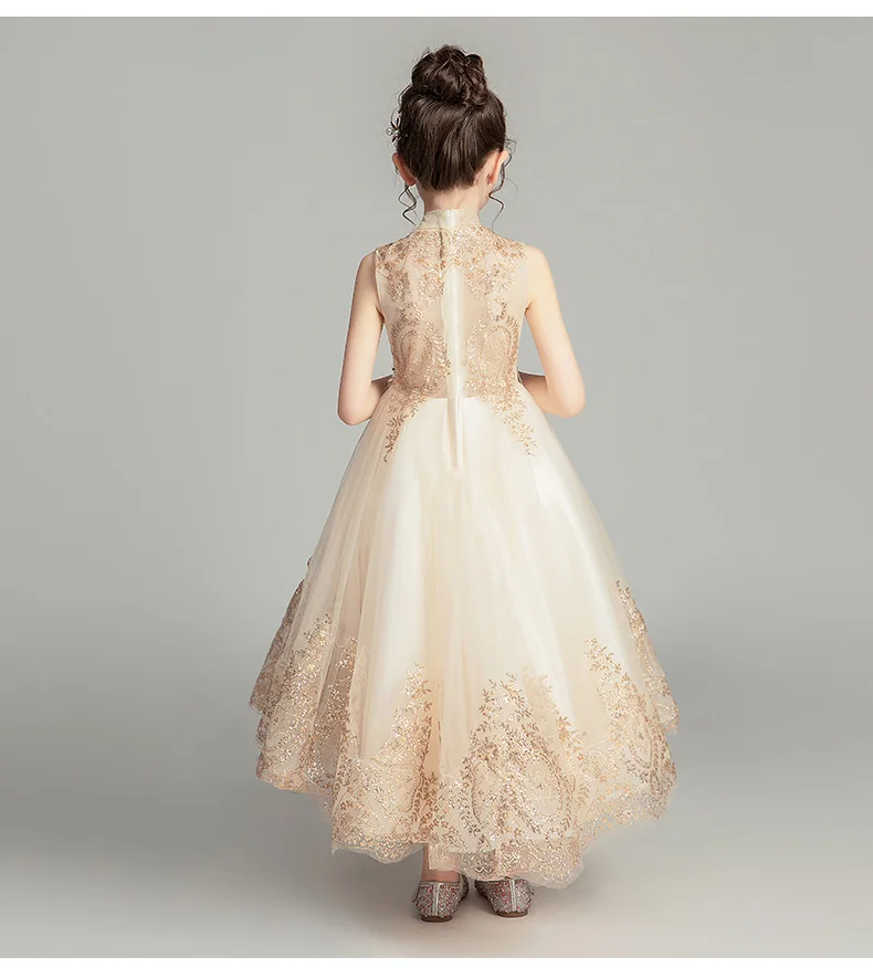 Золотое кружевное свадебное платье с блестками для девочек детское праздничное