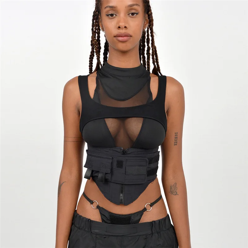 

Solid Irregular Shape Stitching Biker Shorts Tank Top Women Hipster Y2K High Street Style Clothing Sexy Cleavage Sheath Wear