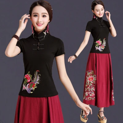 Cheongsam Топ традиционная китайская одежда для женщин с длинным рукавом размера плюс 5XL рубашка хлопковая винтажная одежда Топ Футболка Блузка рубашка - Цвет: Black Short Sleeve