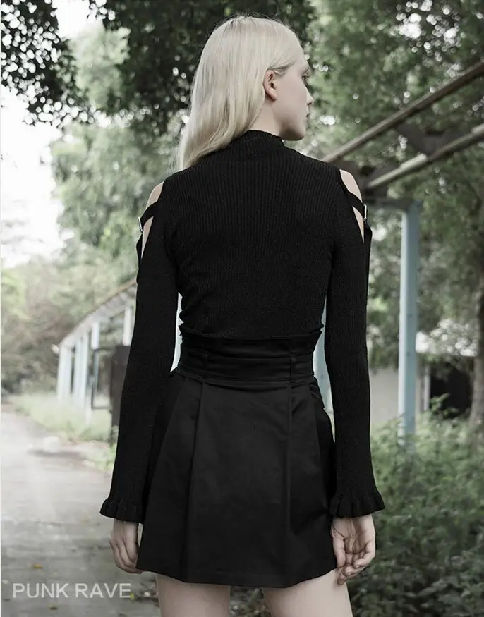 Панк рейв Женская стимпанк Высокая талия черная плиссированная юбка PQ-625