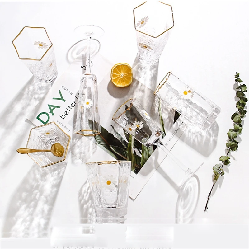 Household Wine Glass Set Little Daisy Water Cup Hexagon INS Phnom Penh Summer Juice Japanese Wire Mesh | Дом и сад