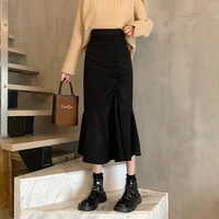 new fashion corduroy mermaid skirt autumn winter 2022 high waist folds mid calf dress office lady slim hip skirt for women