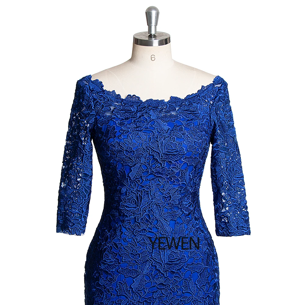 Королевское синее вечернее платье с вырезом лодочкой 2019 рукав до локтя длина