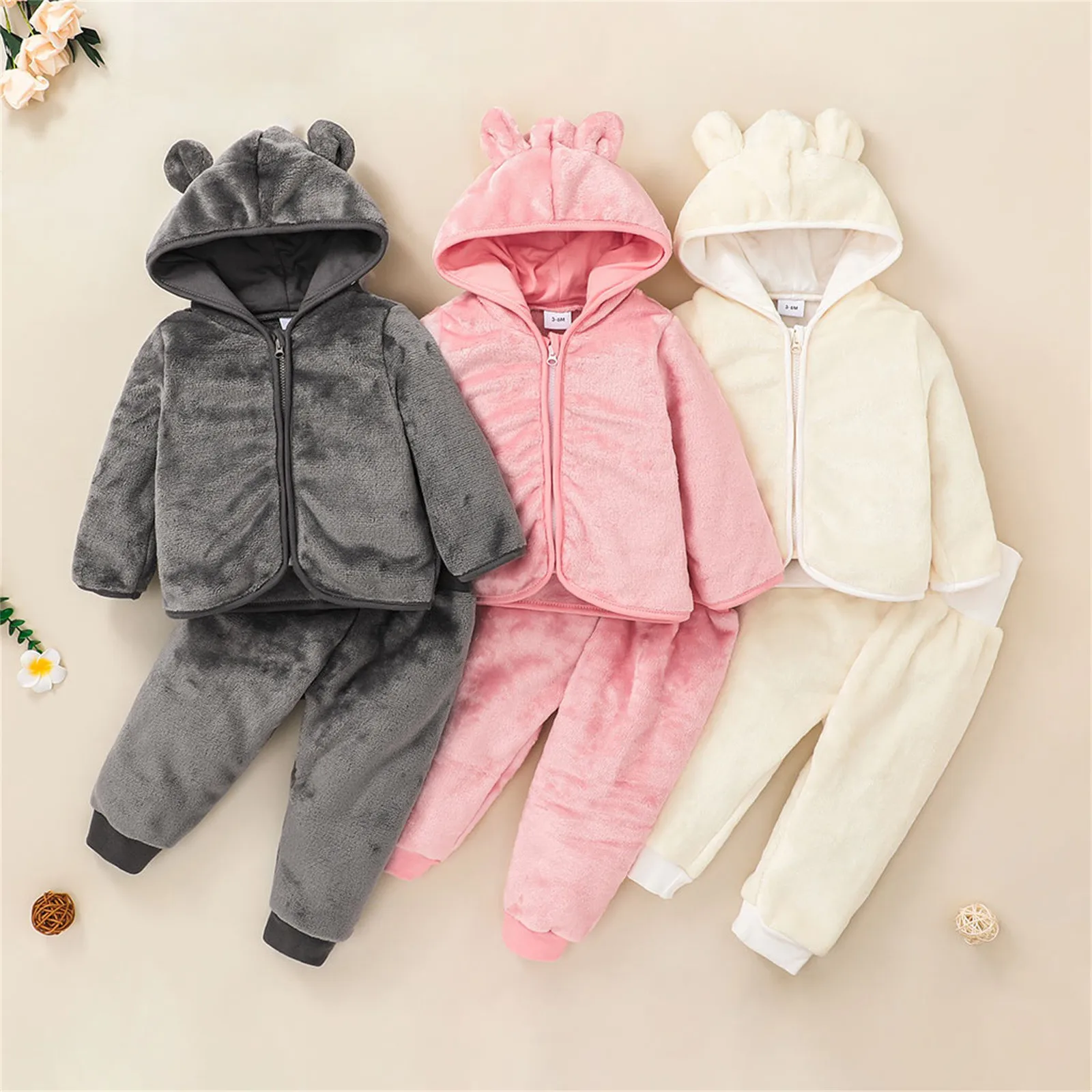 

2PCS Winter Plush Flannel Jacket Newborn Baby Boys Girls Clothes Set Cartoon Long Sleeve Zipper Sweatshirt Solid Pants 0-24M