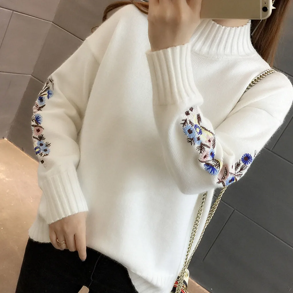 New Loose Thick Warm Winter Pullover Sweater Women Embroidery Jumper Half Turtleneck Long Sleeve Knit Yellow Sweater Female