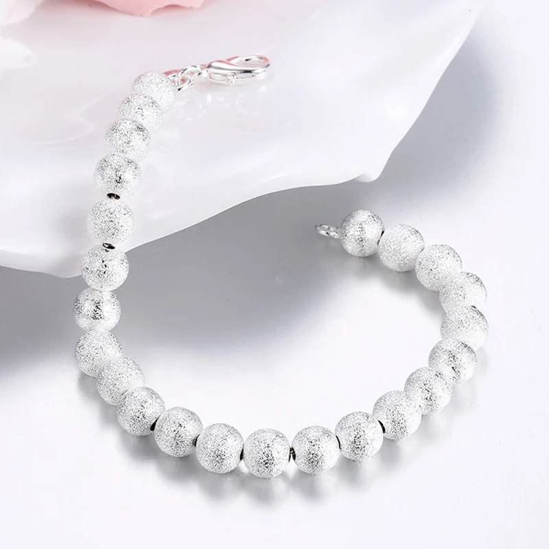 925 серебро 8 мм скраб бисера браслет цепь для женщин Свадебные ювелирные изделия -