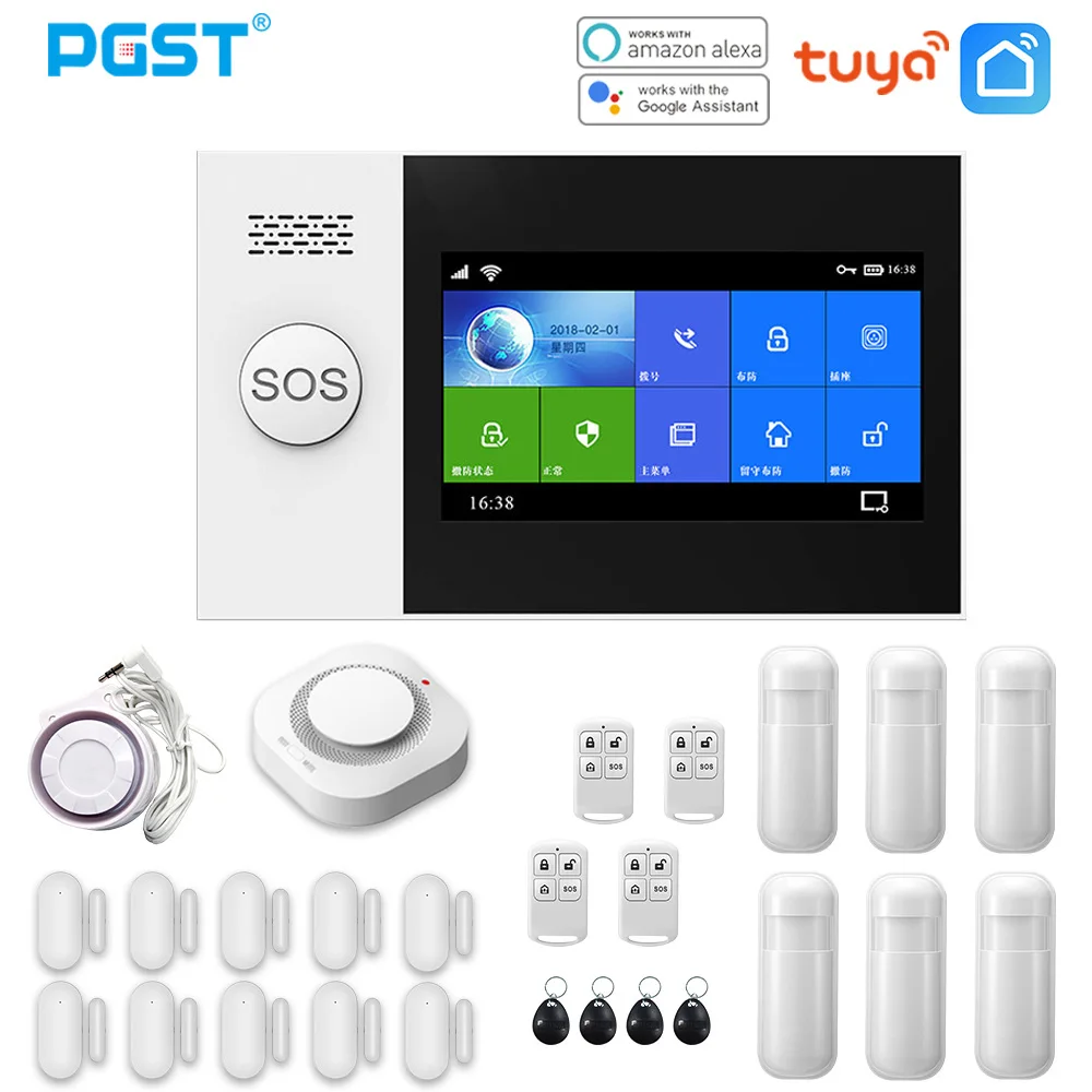 

2022 PGST PG107 Tuya Alarm System 4.3 inch Screen WIFI GSM GPRS Burglar Home Security With PIR Motion Sensor Fire Smoke Detector