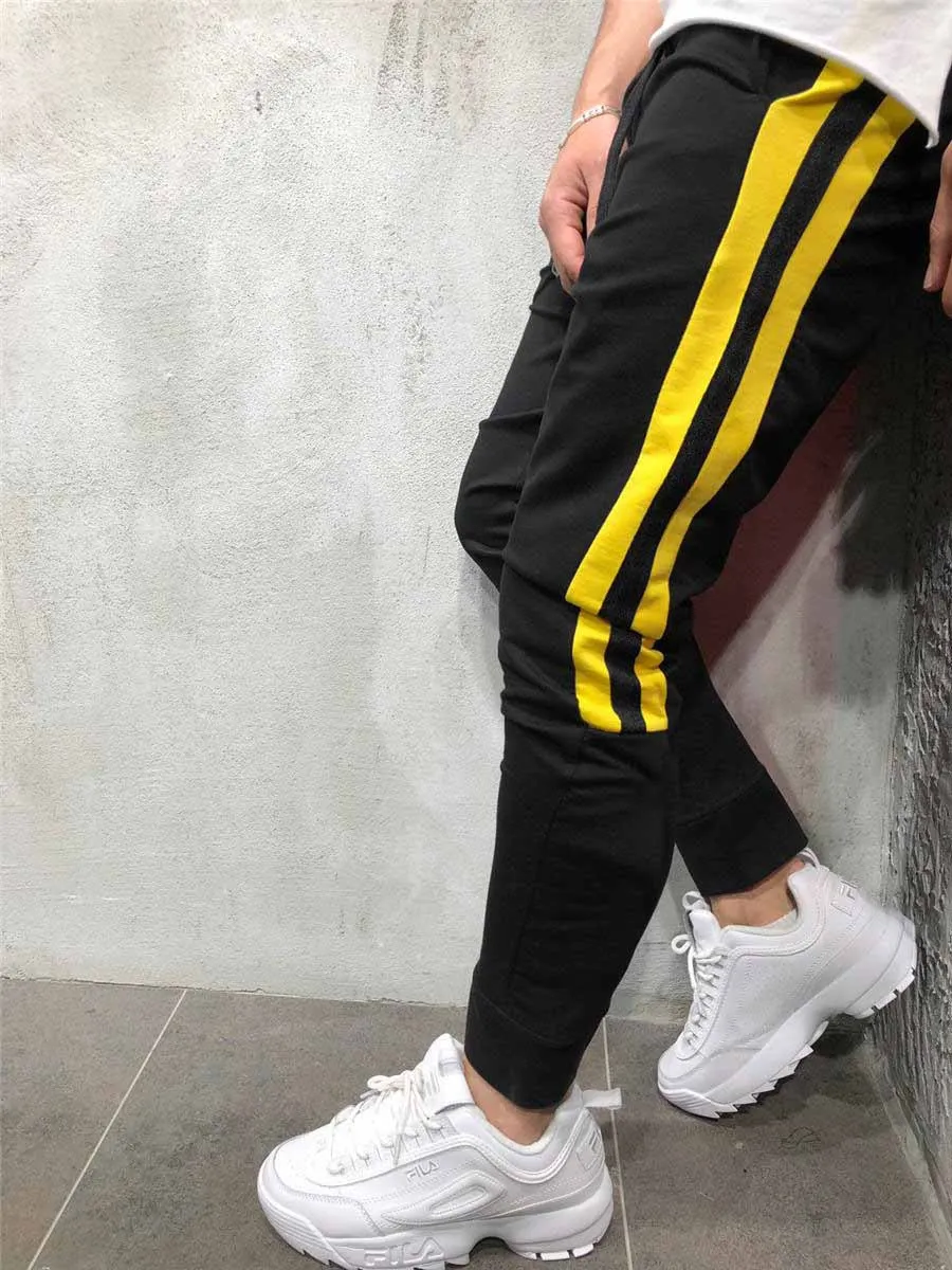 Black Yellow Новинка, Мужские штаны для бега, повседневные штаны для мужчин, уличная одежда для фитнеса, хлопковые спортивные штаны для спортзала, модные спортивные штаны в полоску, мужские брюки-карандаш - Цвет: Black Yellow