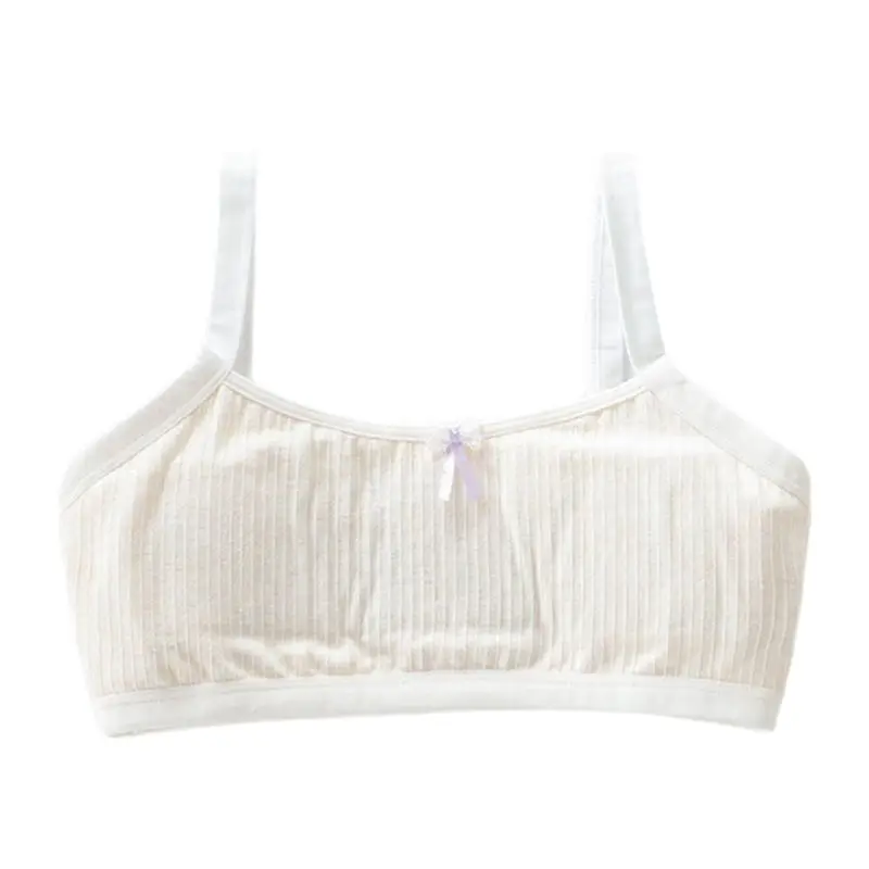 

Puberty Girls Cami Crop Top Sweet Lace Bowknot Training Bra Ribbed Striped Lightly Padded Wire Free Cotton Underwear