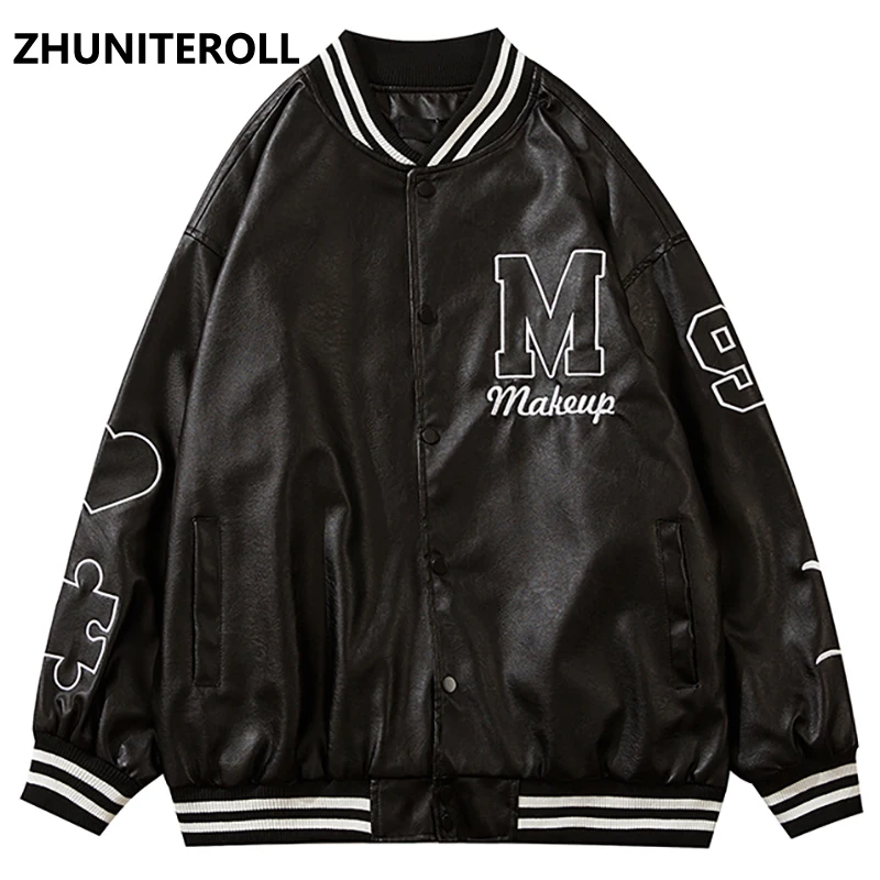 

Куртка мужская из искусственной кожи, Бомбер с вышивкой в виде сердечек и надписей, модная бейсбольная верхняя одежда на пуговицах, уличная ...