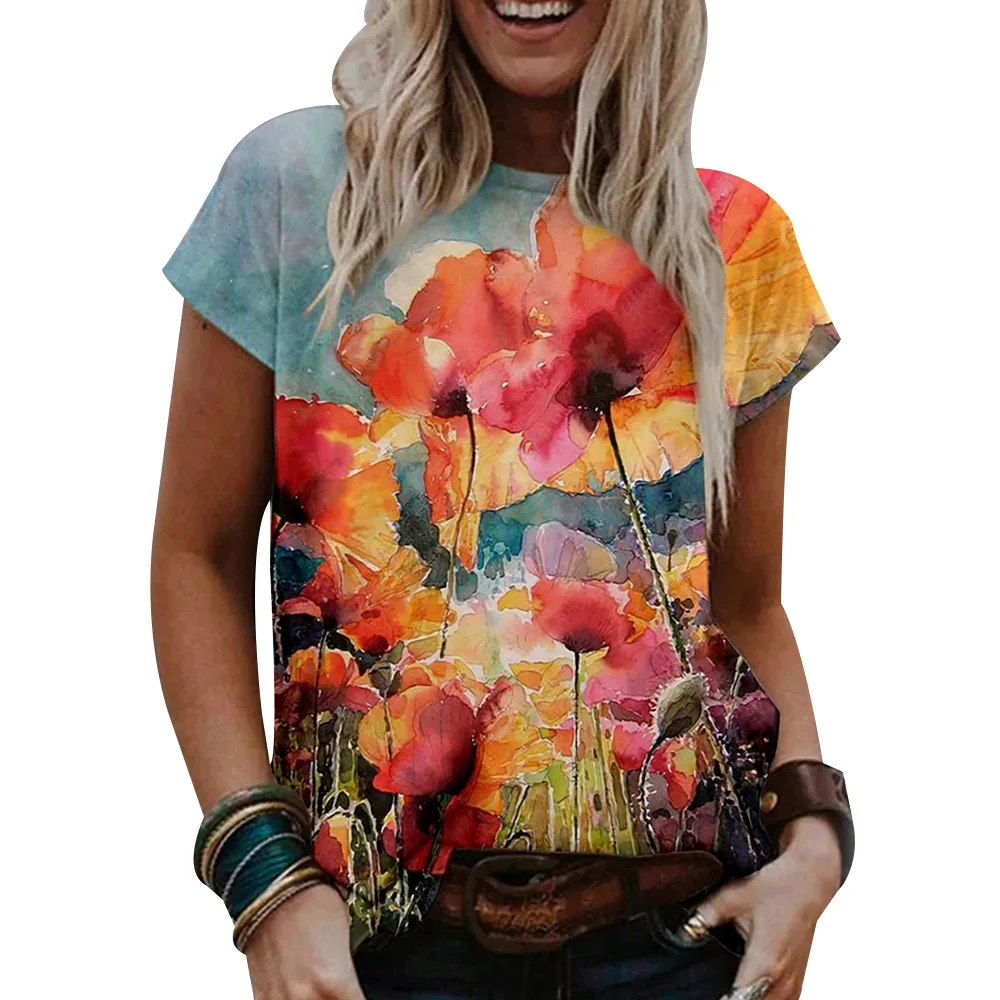 

Fashion Lady Summer Tee Street Round Neck Tie Dye Floral Print Women T-shirt Casual Short Sleeve Loose Vintage Casual Blouse D30