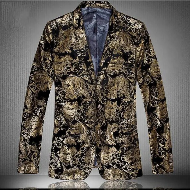 Золотой блейзер для мужчин цветочный Повседневный Тонкий Блейзер 2020 Новое