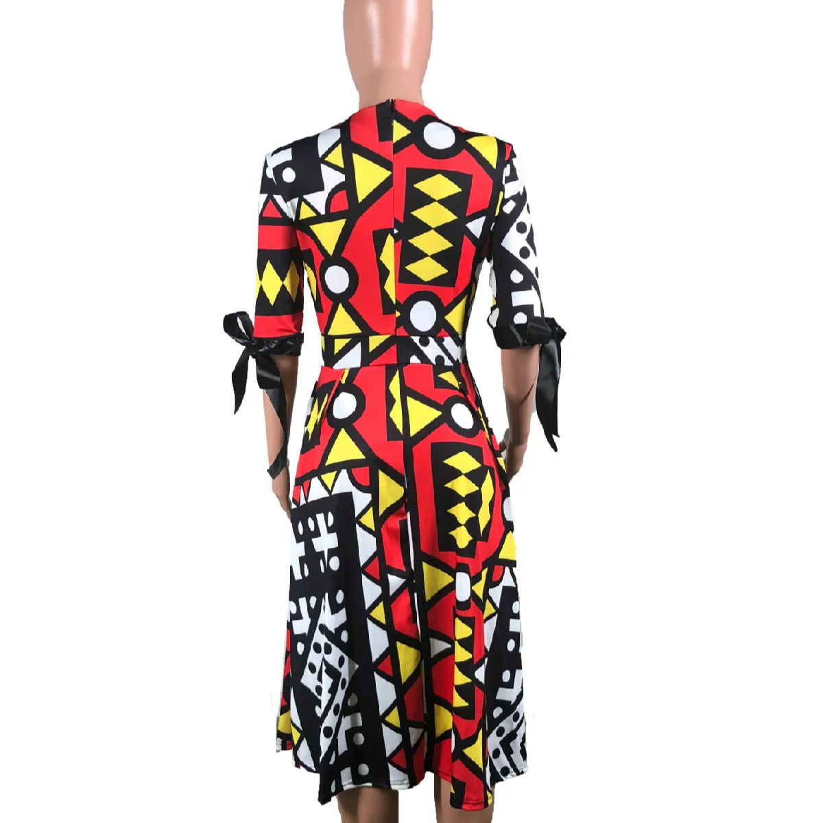 

Summer Women's Clothing European and American Irregular Totem Print Half-Sleeved Bow-Knot Long Skirt
