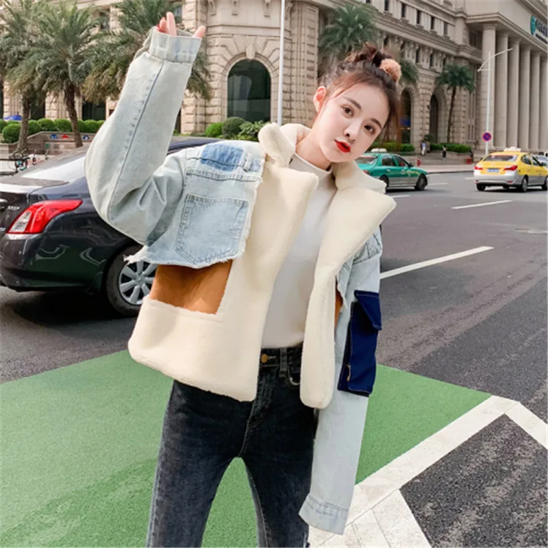 Стильное пальто из джинсовой ткани в стиле пэчворк овечьей шерсти Женская