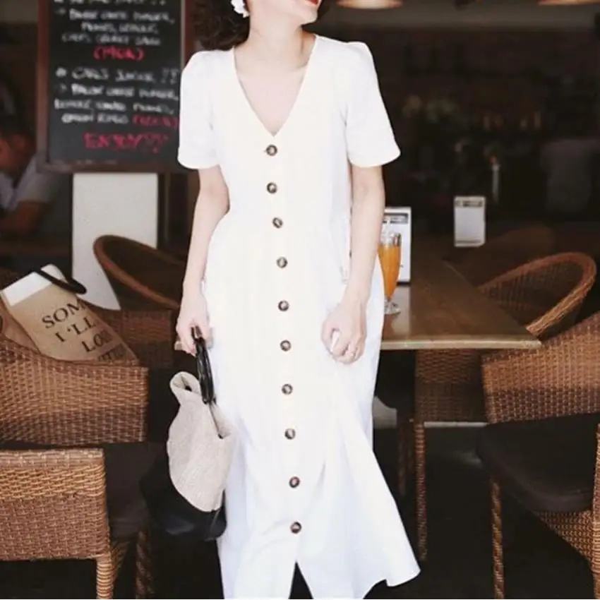 Женское однобортное льняное платье летнее Повседневное до колена с v-образным