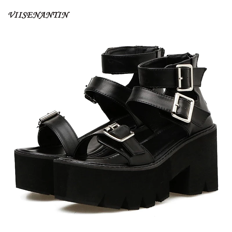 

2021 new summer black punk street Harajuku thick-soled thick-heeled personality Roman style high-heeled sandals women