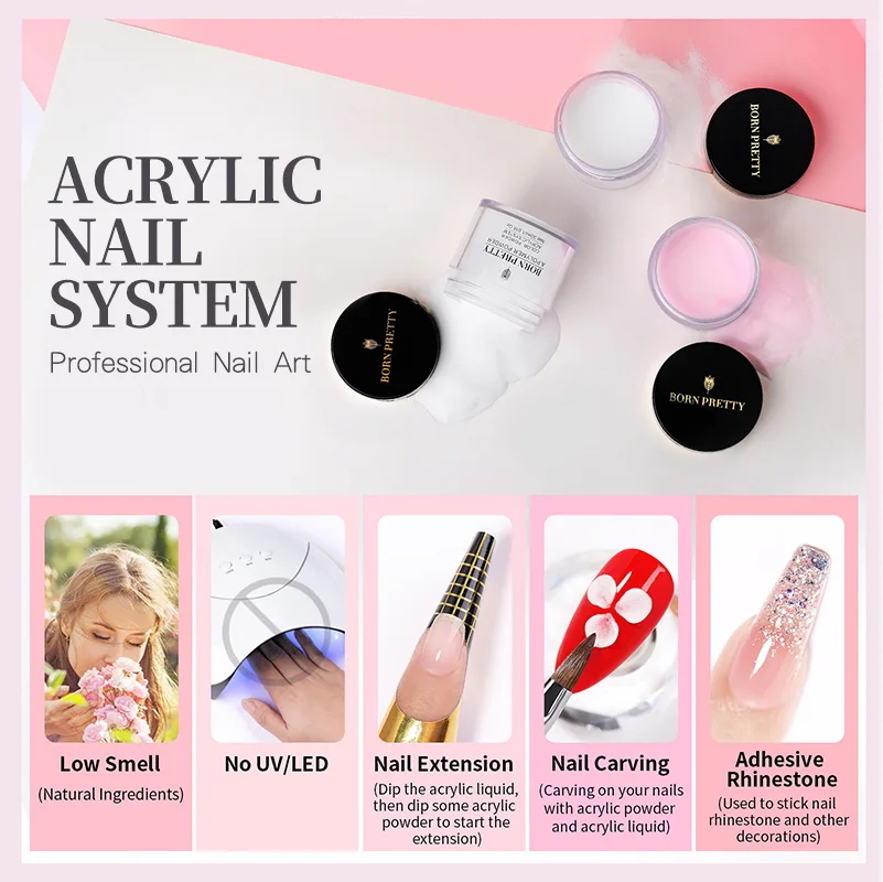 BORN PRETTY набор акриловых пудр розовый белый прозрачный ногтей для наращивания