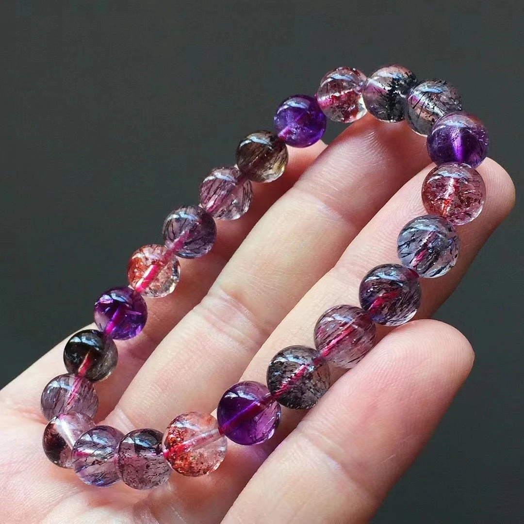 

Top Quality Natural Colorful Super Seven 7 Crystal Bracelet 8.6mm Clear Round Beads Rutilated Quartz For Women Men AAAAAA