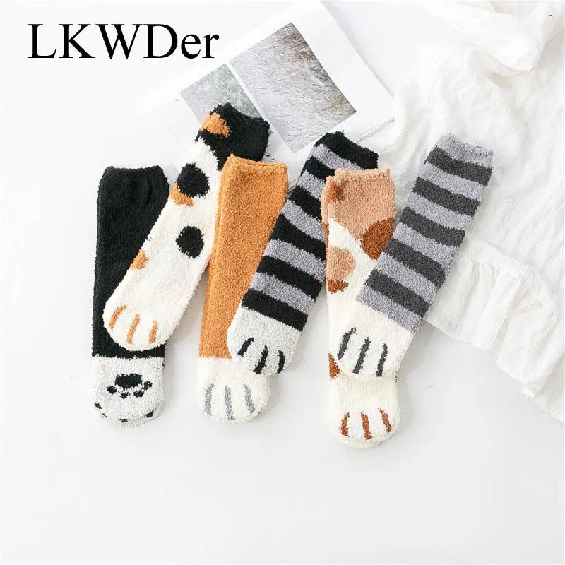 

Coral Fleece Socks Female Tube Socks Thick Warm Sleeping Floor Sleep Socks Cat Claws Cute Autumn Winter 3 Pairs of Plush Women