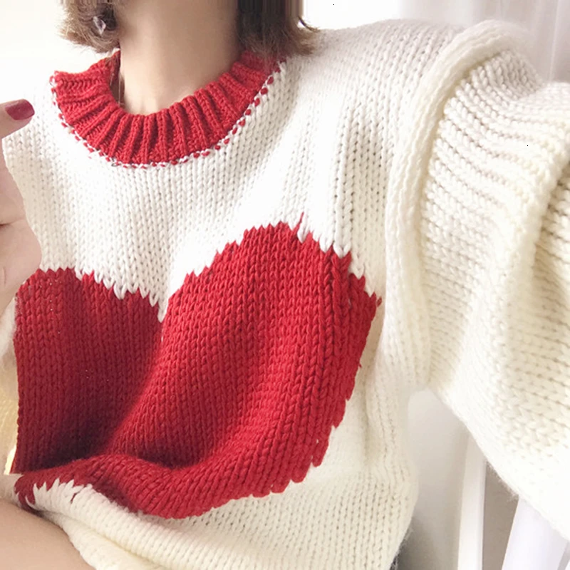 TWOTWINSTYLE Patchwork Heart Hit Color Women's Sweater Lantern Long Sleeve O Neck Oversized Female Sweaters 2019 Autumn Fashion | Женская