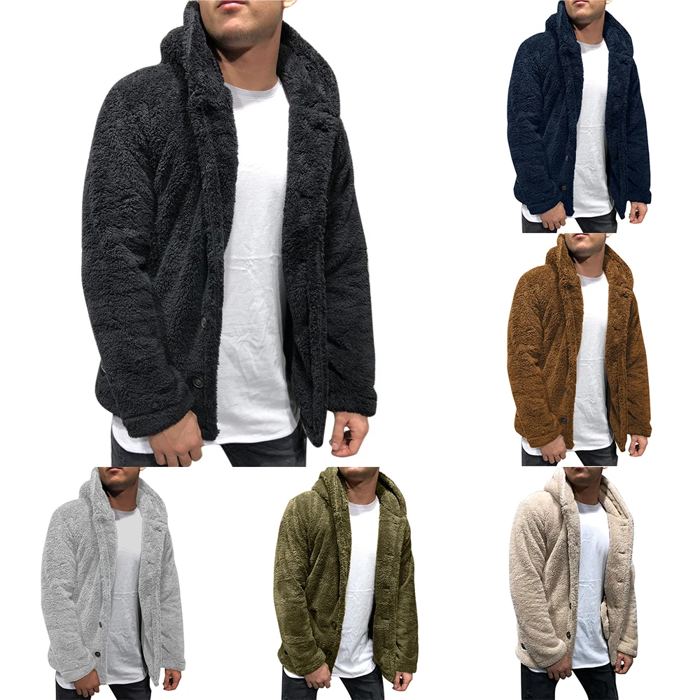 

2020 Men Thick Hoodies Solid Color Tops Fluffy Fleece Fur Jacket Hooded Coat Outerwear Long Sleeve Cardigans M-XXXL
