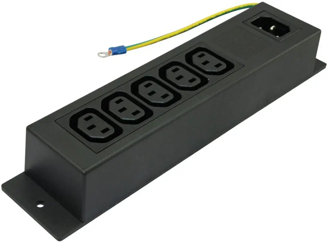 

Conntek 55713 10-Amp 250V IEC Power Strip C14 Inlet to (5) 320 Sheet F Outlets with Grounding Wire Out