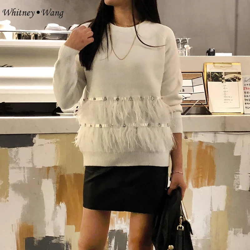 Женский пуловер с бриллиантами и страусом WHITNEY WANG Осень-зима 2019 свитер перьями |