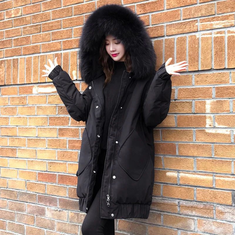 Winter Parkas for Women Big Fur Collar Cotton Padded Coats 2020 New Ladies Hooded Thicken Mid-Long Parka Black Loose Overcoat