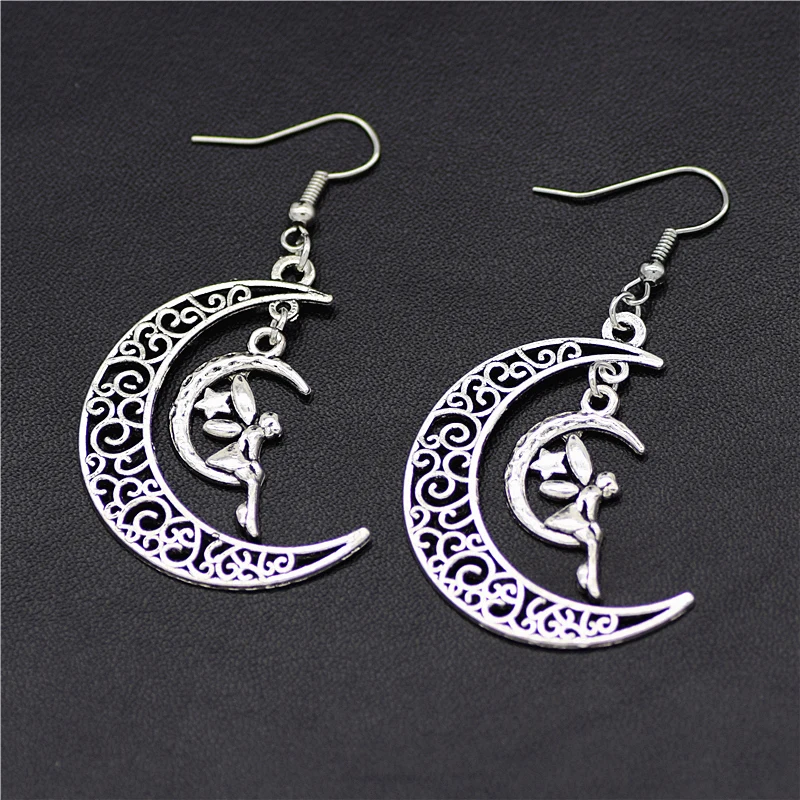 

New Vintage Silver Color Mysterious Fairy Angel Crescent Moon Pendant Drop Earrings Hollow Carved Moon Earrings Angel Jewelry