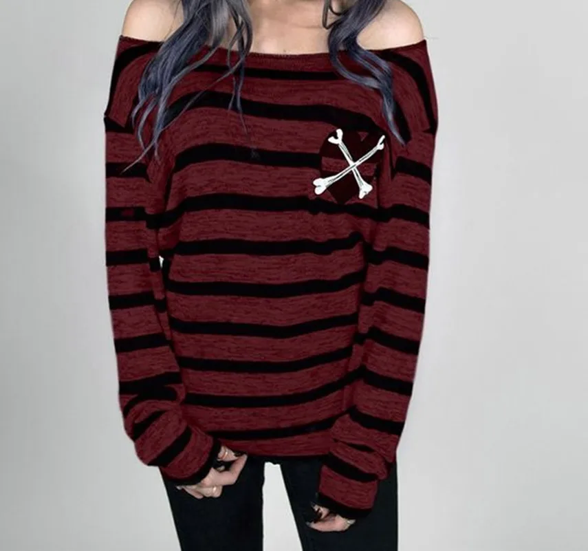 

Yangelo Egirls Striped Tops Off Shoulder Cotton Teachwear Women Spring Summer Outwear T-shirt Hear Bone Pattern Printed Pullover