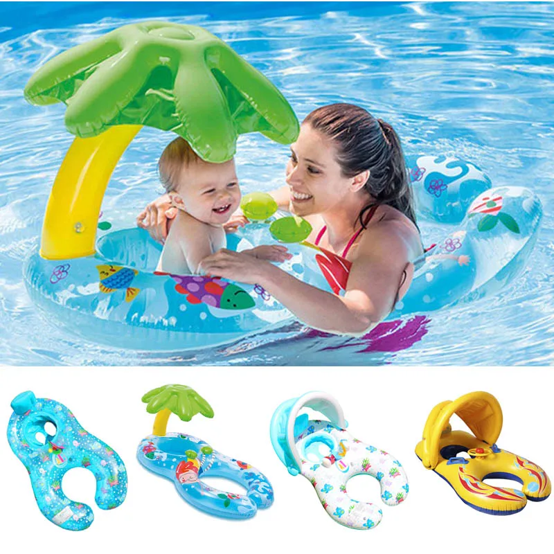 

Mother Baby Double Swimming Float Ring Kids Children Inflatable Swim Circle With Sunshade Toy Sunshade Float Seat Rings Swimming