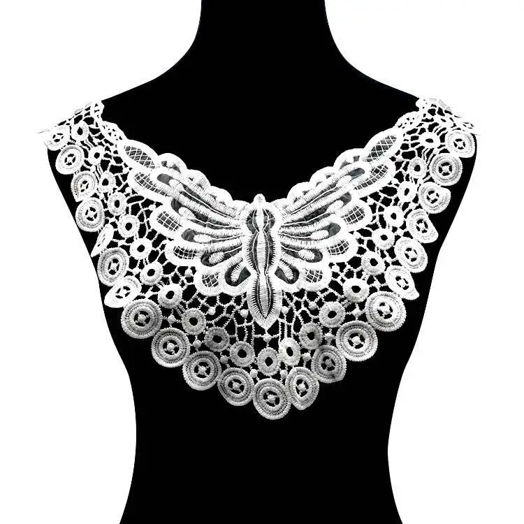 Черный хлопок Вышивка Цветы Кружева аппликация декольте Воротник отделка