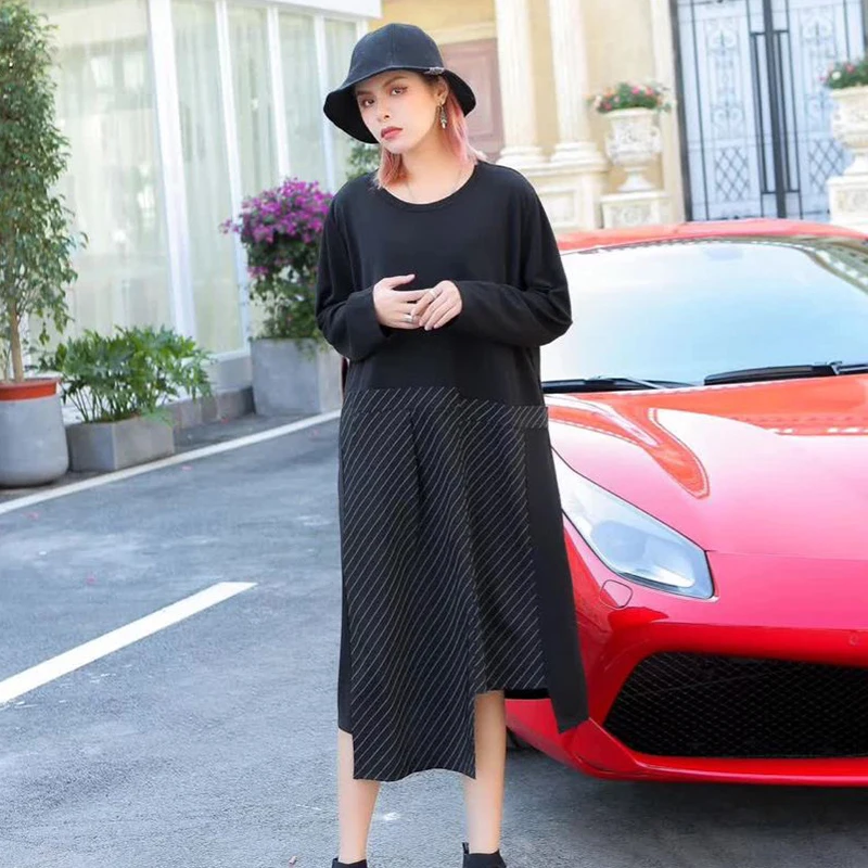 CHICEVER 2020 весеннее лоскутное Полосатое платье для женщин с круглым вырезом длинным