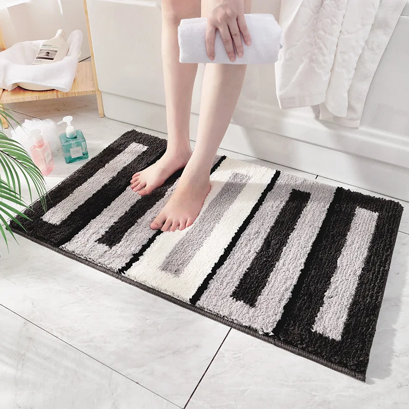 

Flocking Striped Soft Microfiber Bathroom Carpet TPR Non-slip Absorbent Bath Rug Into The Door Dust Floor Mat