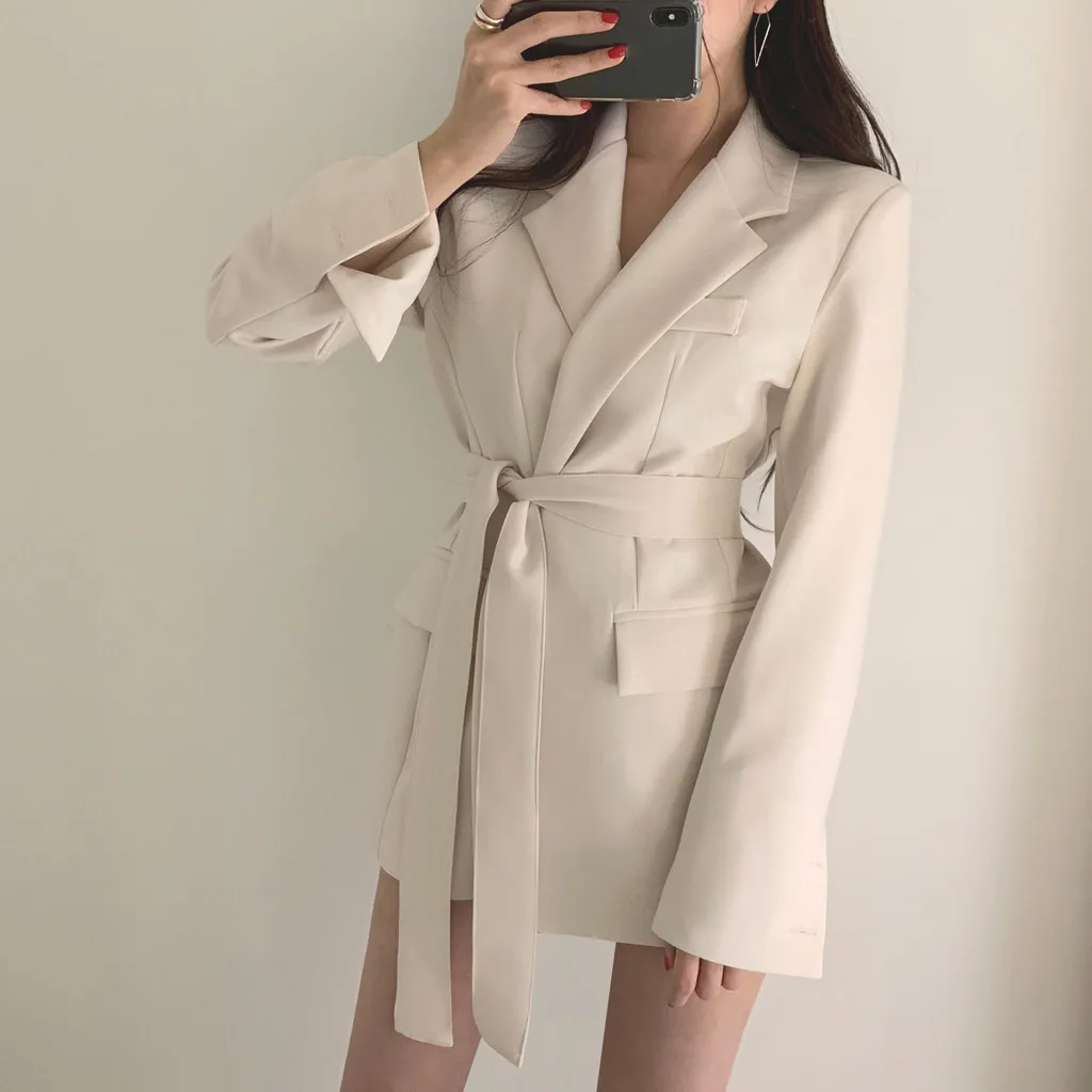 Модный женский Блейзер куртки верхняя одежда осень и зима однотонный длинный