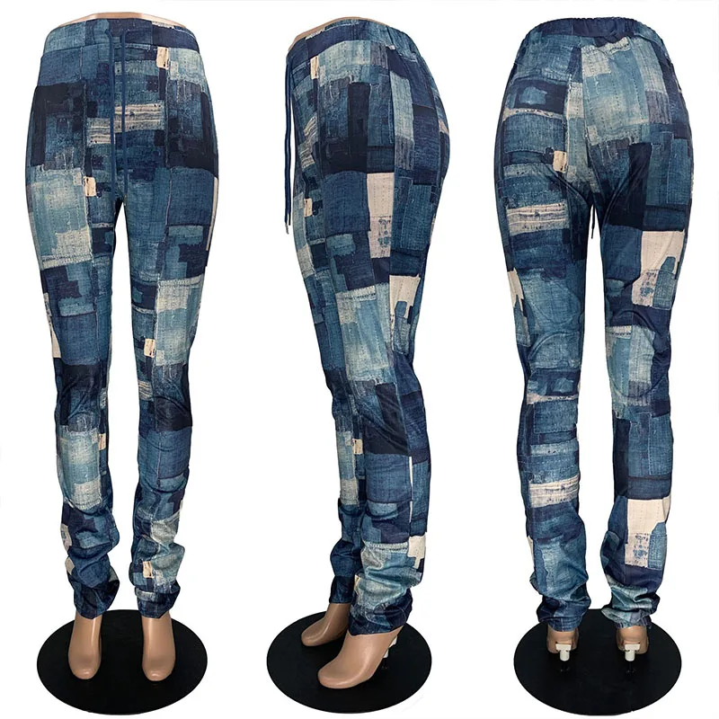 

ZKYZWX Sexy Print Drawstring Stacked Leggings Jeans for Woman Fashion High Waist Bell Bottom Trousers Club Denim Lounge Jeans