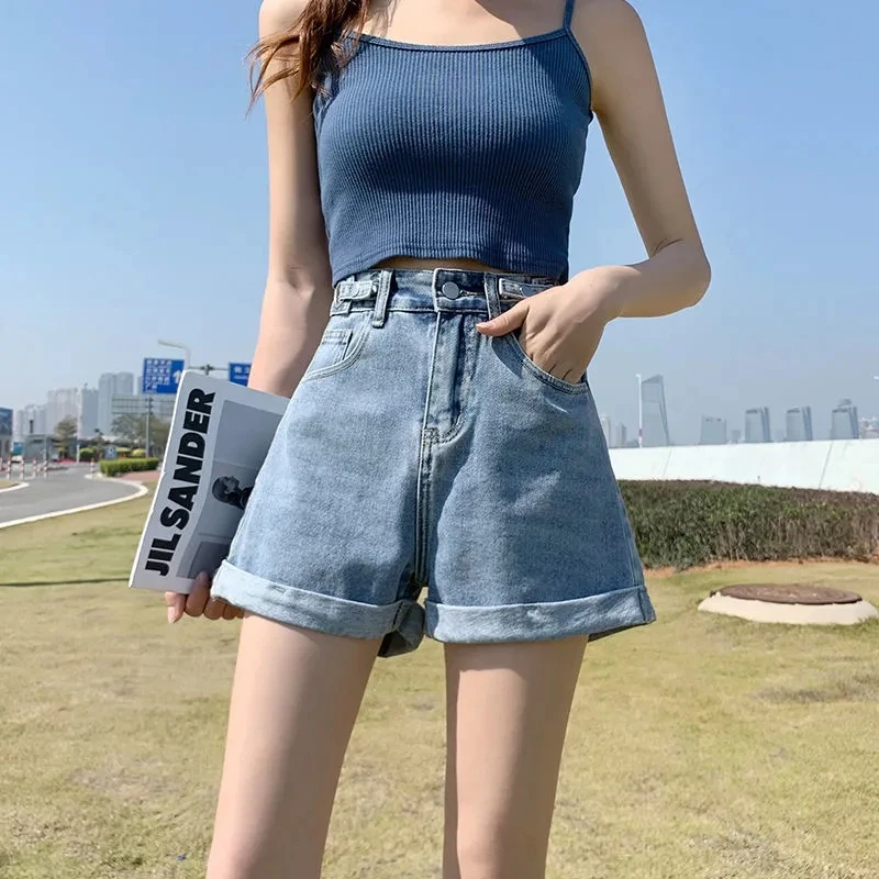 

Fashion Women's Short Jeans Adjustable High Waist Design Blue Straight Loose Denim Short Pants Streetwear Oversize 2021 Summer