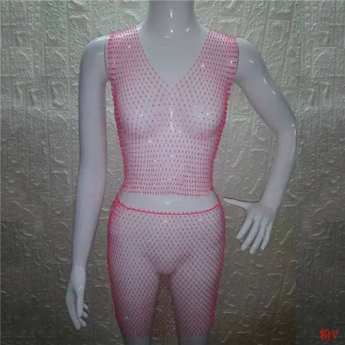 Pink V-neck Блестящие Кристальные Стразы, женская одежда, сетчатые Прозрачные топы, клетчатые сексуальные мини юбки, летний комплект из 2 предметов, Клубные, трендовые - Цвет: Pink V-neck