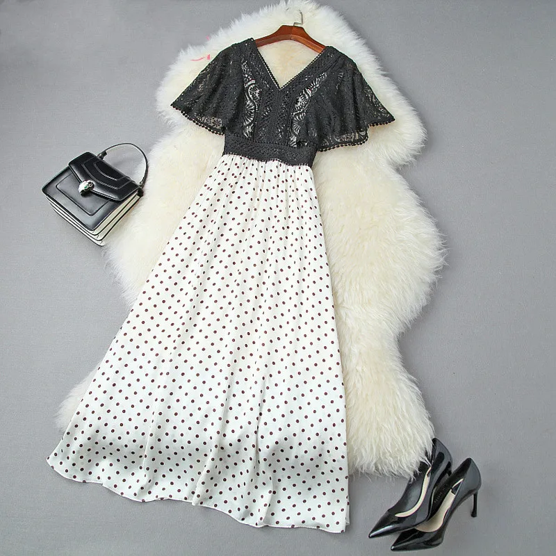 

Women Runway Designer Elegant Lace Dress Festa High Quality Long Wedding Party Robe Femme Vinatge Evening Dot Vestidos