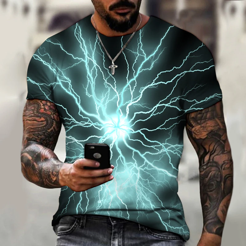 

Color Flashing Cyan Purple Thunder Jie Oversized Men's Shirt Men's Fashion Shirt Short Sleeve Fashion 3D Printed Summer Top