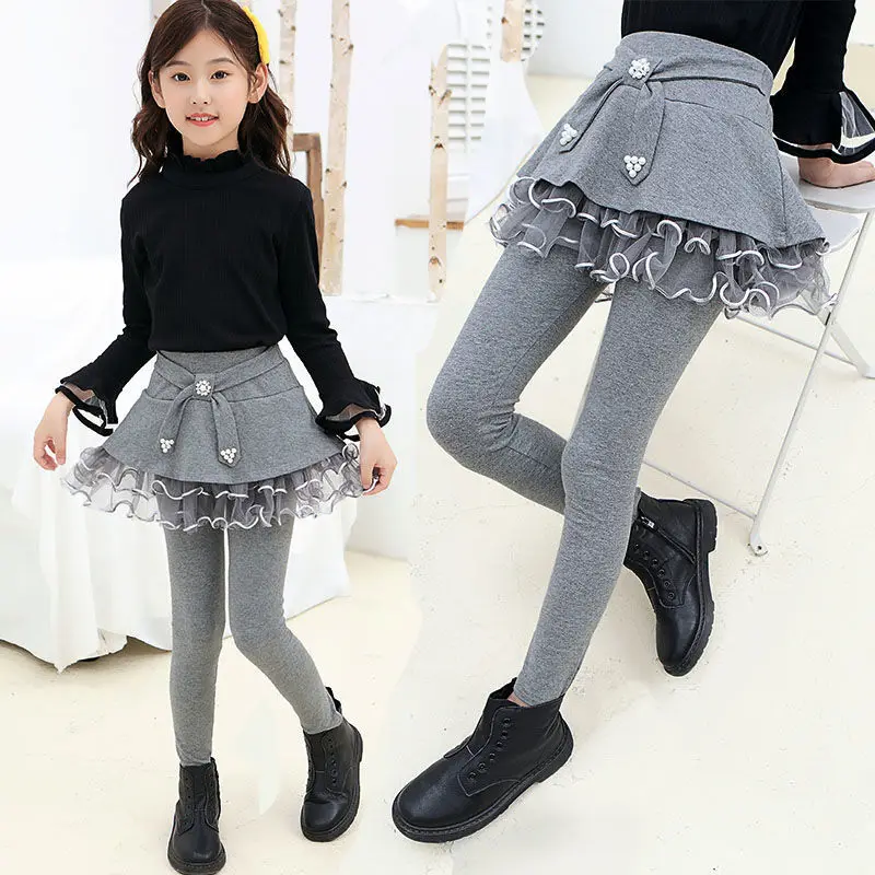 

Girls Leggings Skirt Spring Autumn Childrens Solid Color Outer Wear Pants Fake Two-piece Plus Velvet Padded Skirt Pants Trousers