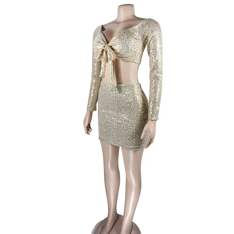 

Wholesale New High Waist Ruched 2 Piece Dress Long Sleeve Sequins V-neck Sexy Two-piece Club Party Outfits Mini Dress