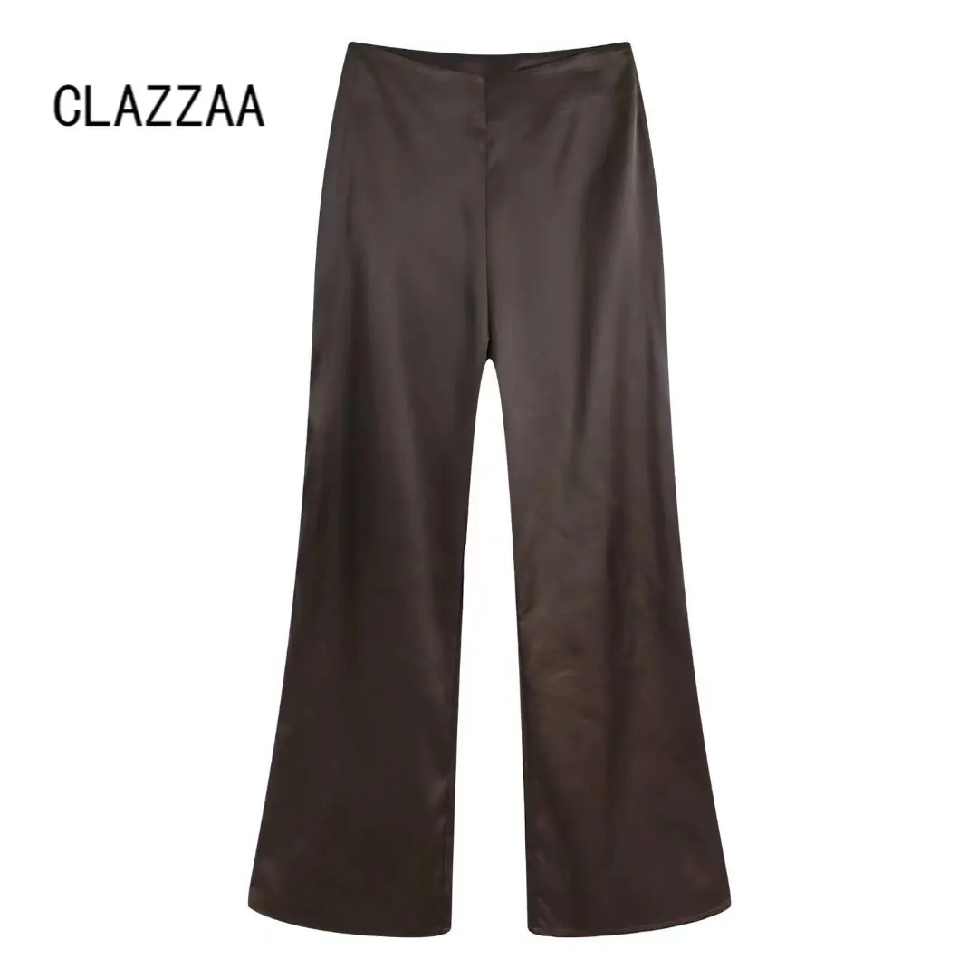 

Женские Модные расклешенные брюки Clazzaa с атласной отделкой, эластичный пояс с высокой талией, элегантные шикарные женские плавные брюки с ш...