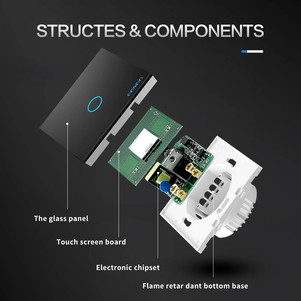BONDA Wall Touch Switch 220V EU Standard Crystal Tempered Glass Panel 1 Way 1/2/3 Gang 4 Color Available Light Sensor Switches |