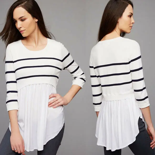 Женская футболка в белую полоску с круглым вырезом и рукавом 3/4 топы для кормящих