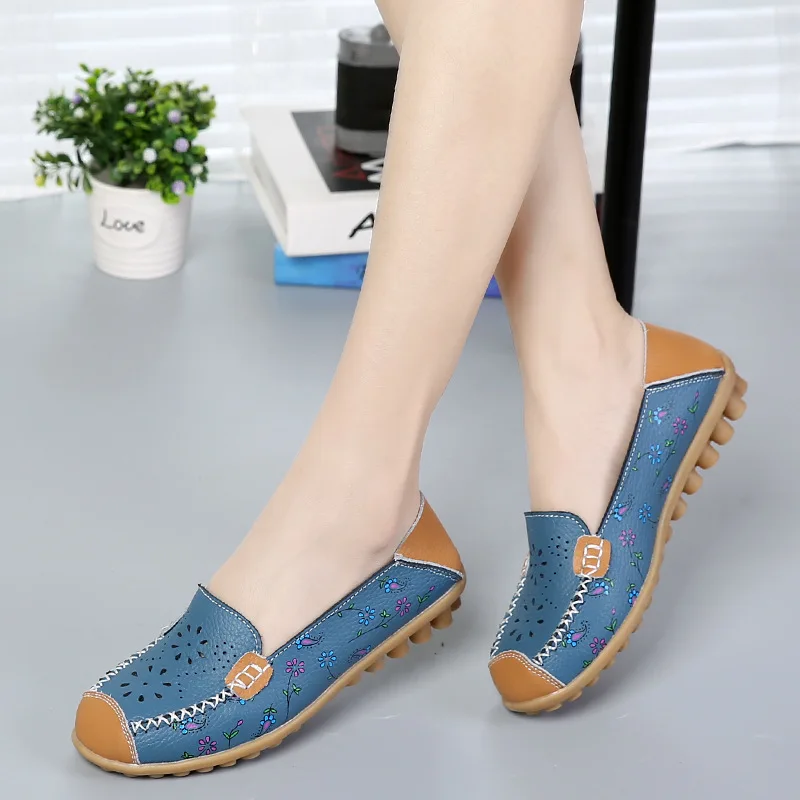

2022Genuine leather shoes woman fashion summer hollo breathable print casual women shoes slip on ballet flat shoes women sandals